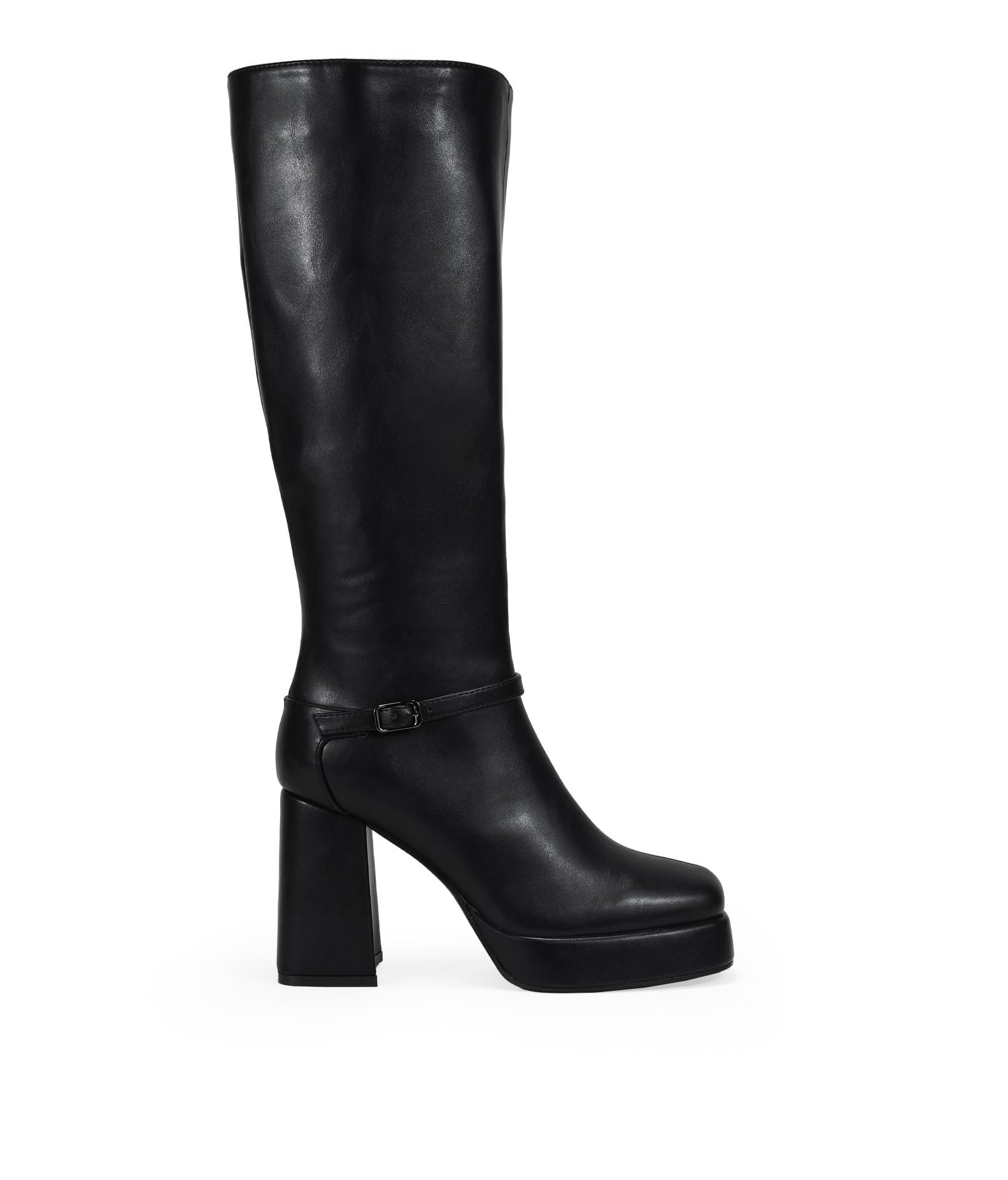 BOSANOVA Botas Altas para Mujer con Detalle de Fina Tira con Hebilla metálica y Suela de Plataforma con tacón Ancho de 9 cm. Cierre con Cremallera. Calzado para Mujer Negro 38