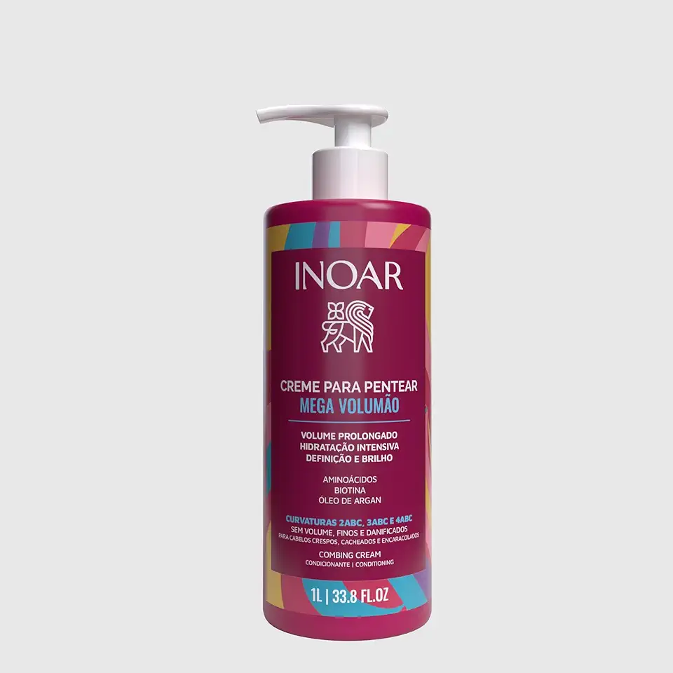 Inoar Creme para Pentear Mega Volumão, Hidratação Intensa, Volume Prolongado, Aminoácidos, Biotina, Óleo de Argan, Cabelos Cacheados e Crespos, 1L