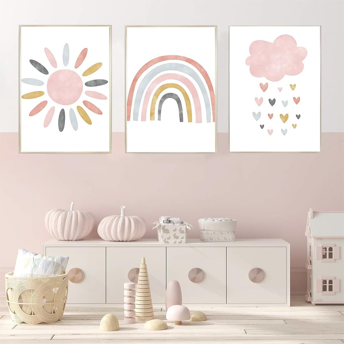 JEYORZY Juego de 3 pósteres para habitación infantil，decoración de pared，Laminas Decorativas，arcoiris, sol, nubes Cuadros de Niña para Habitación Infantil，A4(sin Marco)
