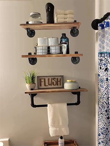 Estantería de baño industrial con barra de toallas rústica para montar en la pared estantería flotante de madera decoración del hogar para baño