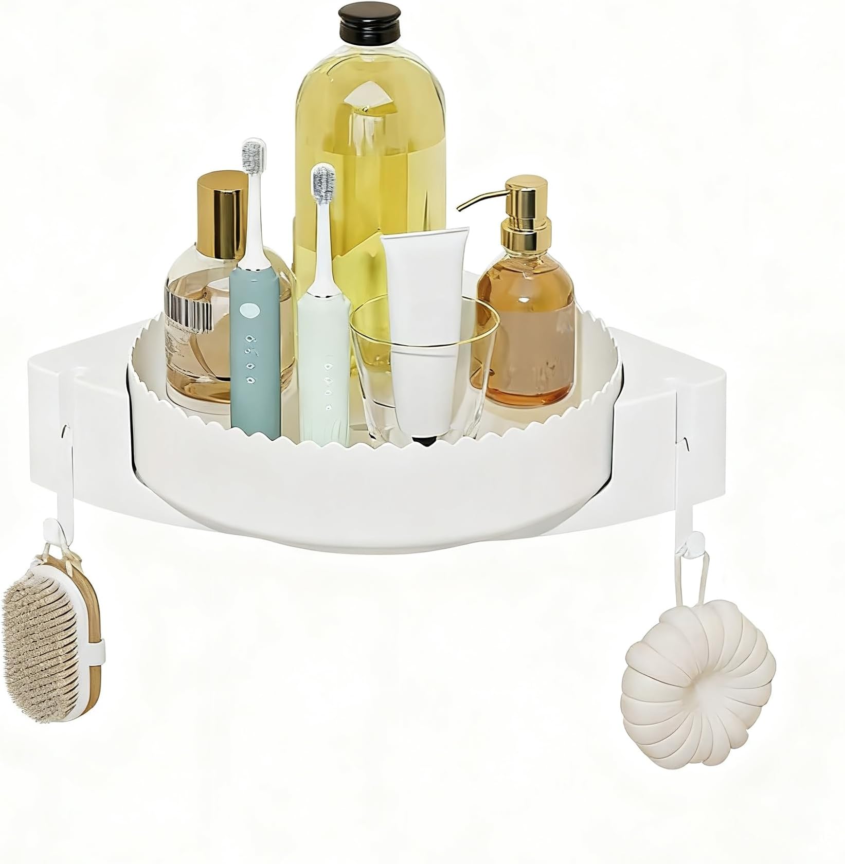 360° Rotating Corner Shelf Wall Mounted - Corner Shower Caddy Shelf, Adhesive Shower Caddy Organizer with Hooks, No Drilling Storage Rack for Bathroom Kitchen (White)