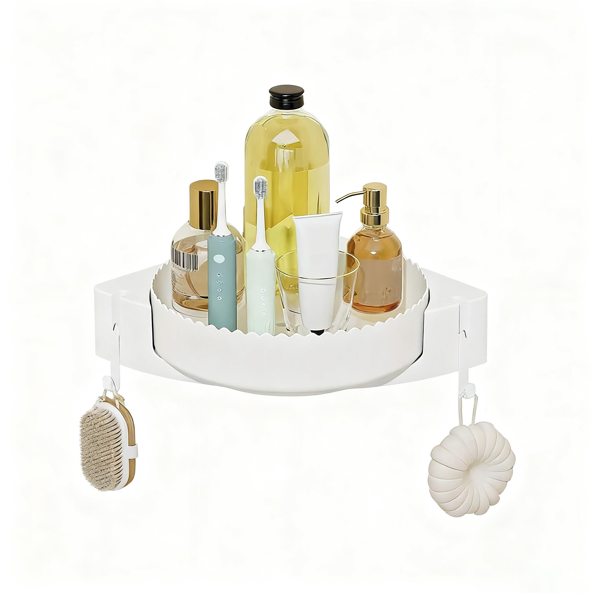 FDYBTZA 360 Rotating Corner Shelf Wall Mounted - Corner Shower Caddy Shelf Adhesive Shower Caddy Organizer with Hooks