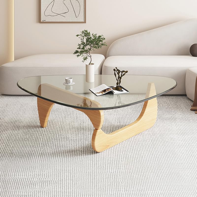 Triangle Coffee Table Modern Noguchi End Table, Solid Wood Base and 8mm Thick Tempered Glass Top Accent for Living Room Office Hotel Patio (Natural Wood Legs + Transparent Glass, 36 * 26 * 16)