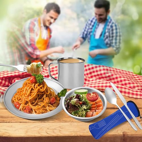 Miniatura 6 de Juego de cubiertos de campamento, juego de cubiertos de acero inoxidable de 8 piezas que incluye cucharas de cubiertos, cuencos y platos, trapos,