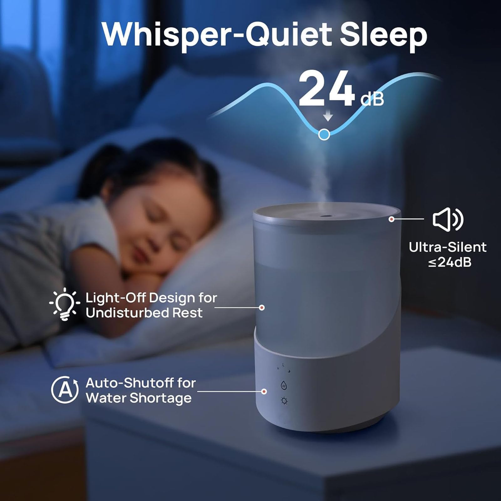 Nawilżacz Cool Mist 4L ze światłem LED i dyfuzorem oleju | Czas pracy 24 godziny, cicha praca na poziomie 24 dB, zbiornik 4 l, automatyczne wyłączanie, napełnianie od góry