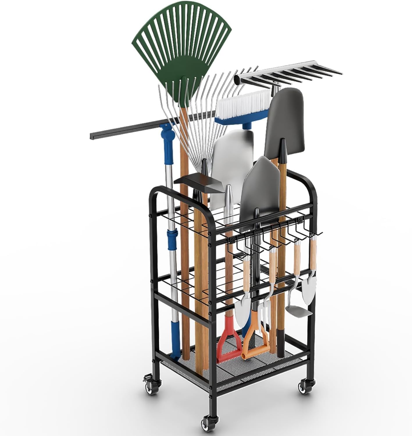 FZK Garden Tool Organizer,Garage Storage,Garden Tool Organizer for Garage,Yard Tool Organizer for Garage,Wheeled Garden Tool Rack,Up to 40 Long-Handled Garden Tool Storage,Garage Tool Organizer Small with wheels