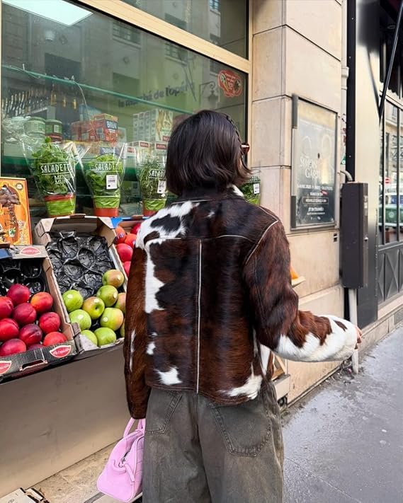 Women’s Retro Style Classic Wear Stylish Genuine Cowhide Leather Natural Hair-On Cow Skin Fashion Coat Jacket3