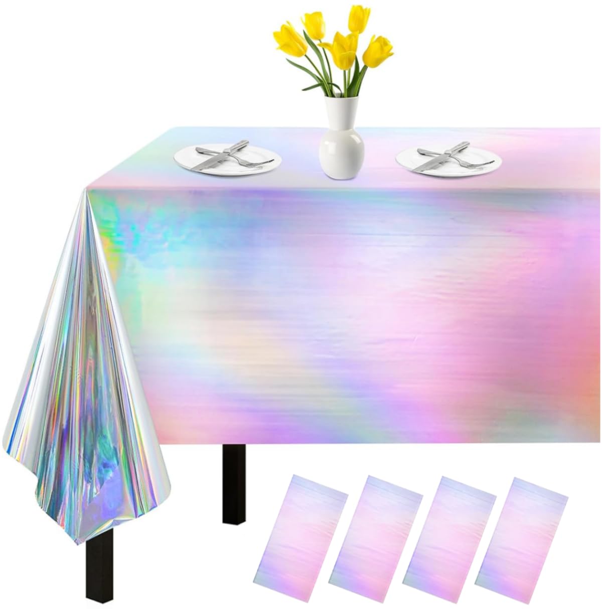 MEETOZ 4 Pack Iridescent Tablecloth, Disposable Laser Tablecloth Holographic Foil Rectangle Table Covers Birthday Disco Bachelorette Bridal Wedding Rainbow Iridescent Party Decorations 54" x 108"