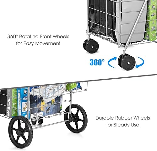 Miniatura 10 de IRONMAX Carrito de compras con ruedas, carritos de metal plegables con ruedas giratorias de 360 y cesta de almacenamiento adicional, cesta plegable