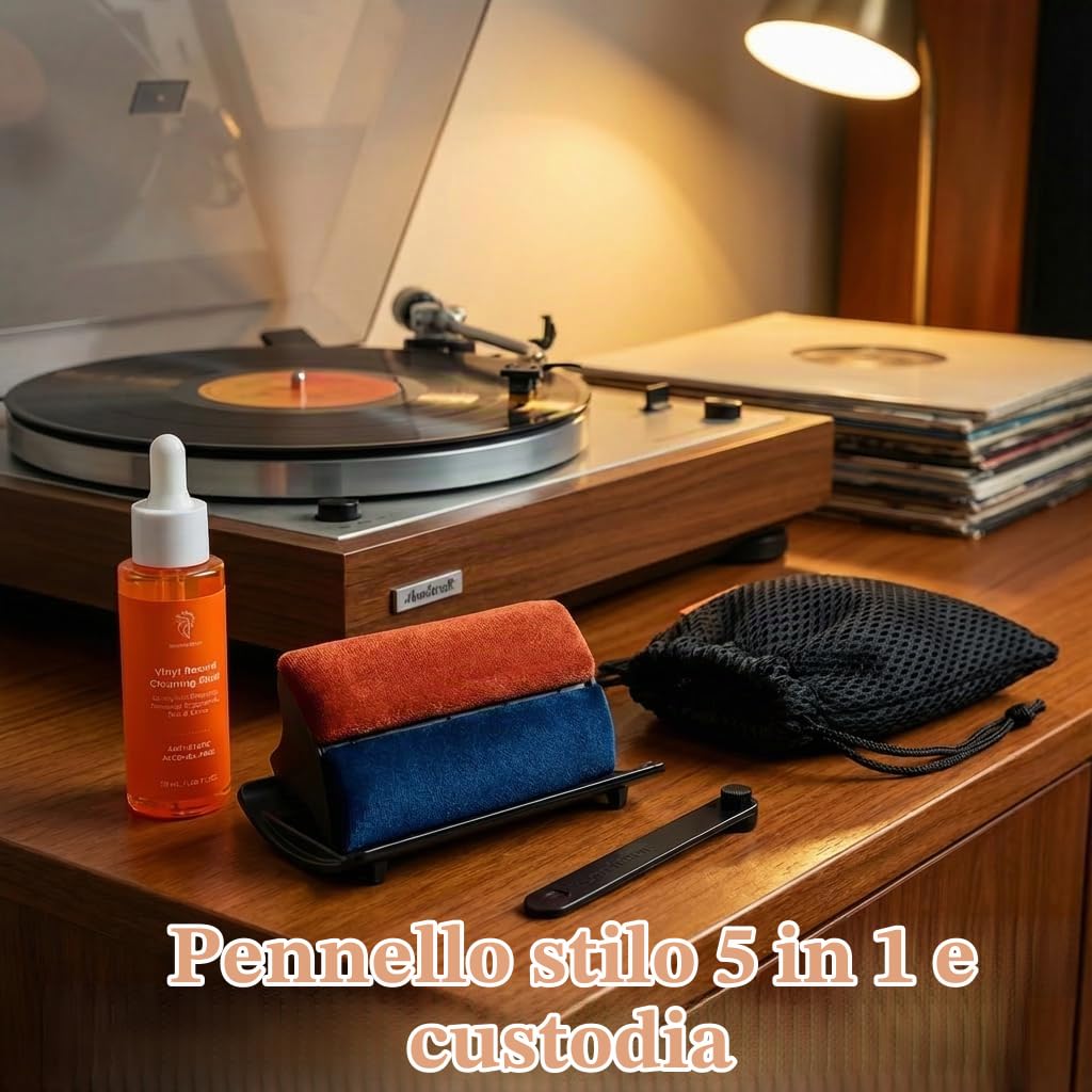 HumminGuru Kit di Pulizia per Dischi in Vinile I-Brush, Spazzola Antistatica con Doppio Panno in Velluto, Soluzione Analcolica e Portaspazzole LP (5 in 1), Colore Bianco