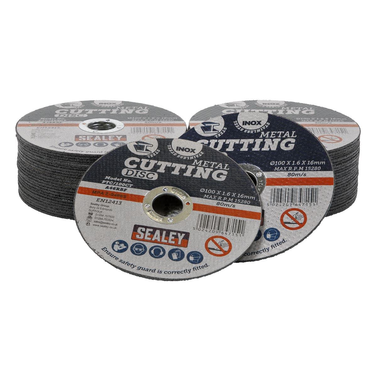 Sealey PTC/100CT50 Cutting Disc 50-Pack 100x1.6mm 16mm Bore For Stainless Steel