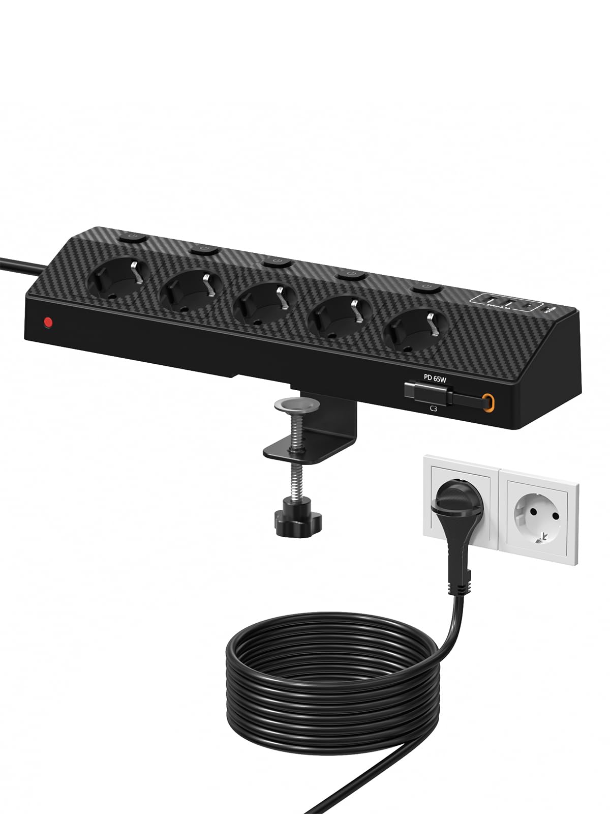Ciabatta elettrica da tavolo con 2 USB C (PD 65W), passus 5 prese, multipresa da scrivania con protezione da sovratensione e commutabile singolarmente, presa angolare 10 in 1 con cavo da 2 m, colore