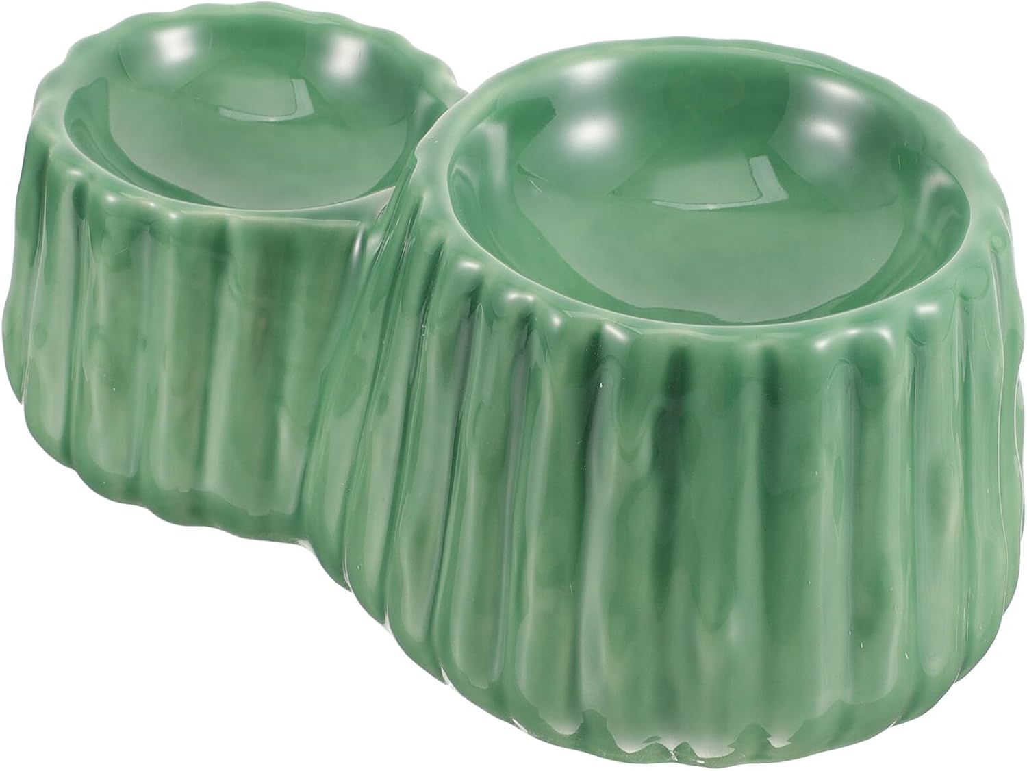 POPETPOP Ceramic Raised Cat Bowl and Dog Food Feeder with High Base, Anti-Spill Elevated Feeding Dish for Cats and Puppies, Green Double Bowl for Neck Protection and Stable Pet Drinking
