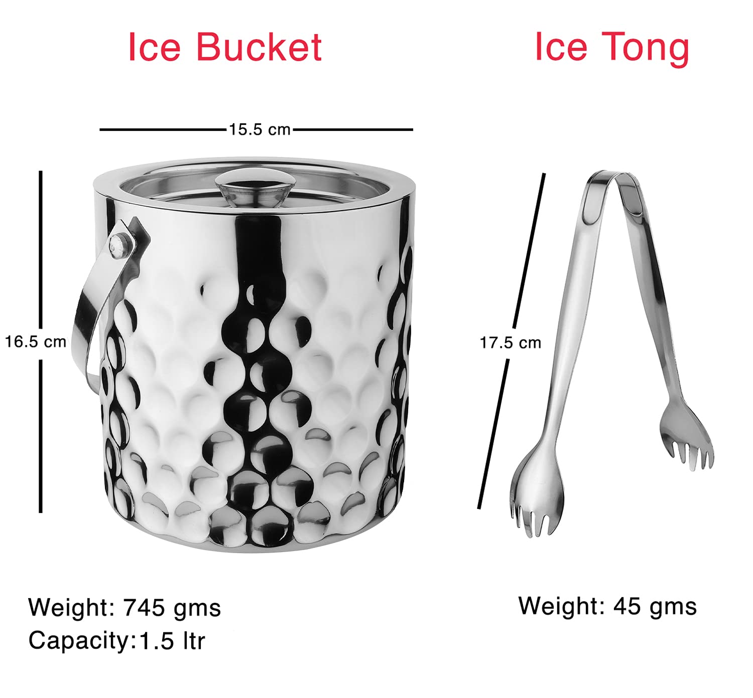 STEREN IMPEX | Stainless Steel Ice Bucket with Tong - 1500 ml | Ice Bucket for Bar & Home | Premium Ice Bucket | Bar Accessories for Home |Silver Finish | Coin Design, Medium, 1.5L