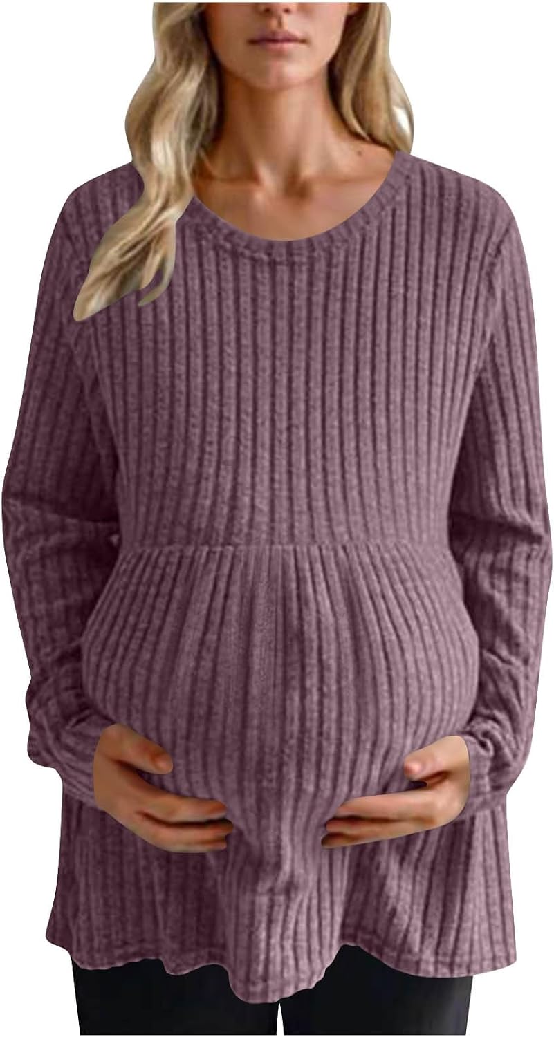 Women's Maternity Shirts Ribbed Knit Pregnancy Tops Long Sleeve Crewneck Casual Maternity Tunic Top Fall Clothes