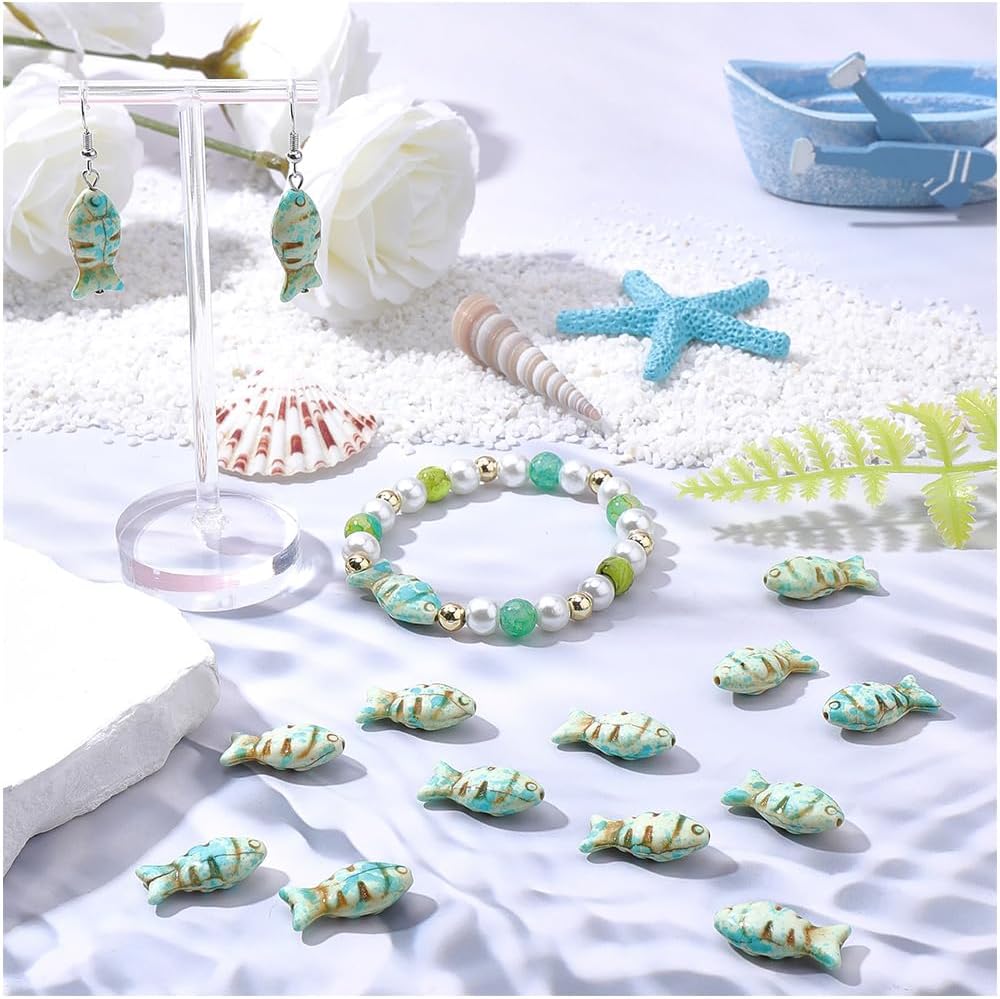 SUNNYCLUE 1 Box 50Pcs Fish Shaped Beads Turquoise Fish Beads Bulk Animal Synthetic Turquoise Dyed Stone Painted Sea Ocean Gemstone Loose Spacers for Jewelry Making DIY Earring Bracelet Necklace Craft - Image 4