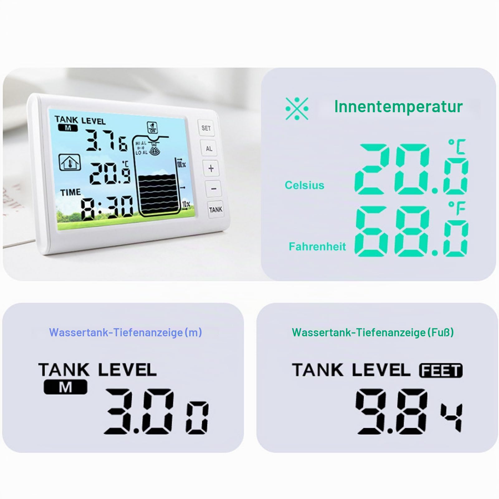 Ultraschall-Füllstandssensor, Kabelloser Wassertank-Tiefenmesser mit LCD-Anzeige und Temperatur-/Zeitanzeige für die Wasserversorgung Im Innen- und Außenbereich