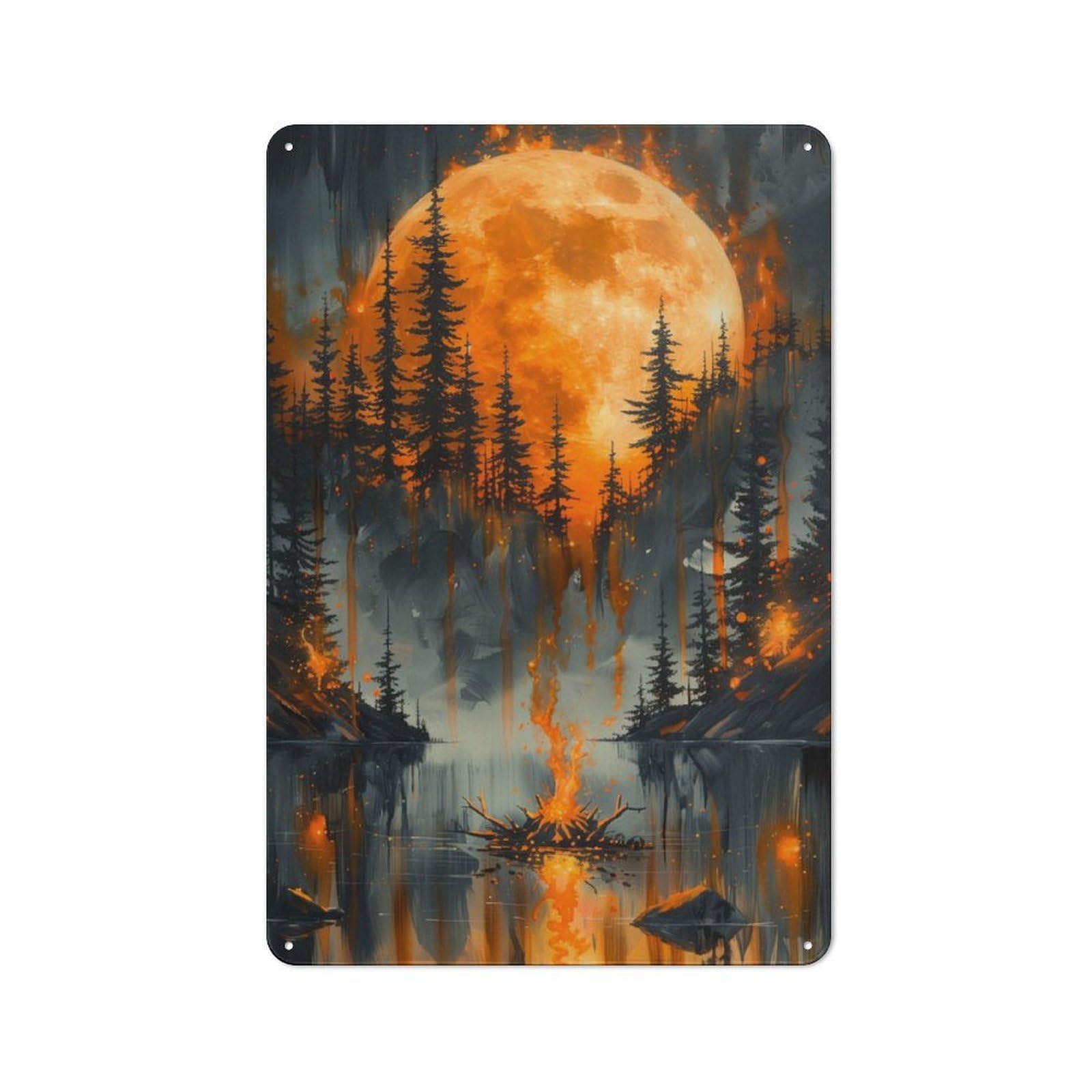 Junmoney Fiery Moon Forest Tin Wall Plaque 30X20cm With For Café Or Home Bar, For Themed Room Decoration, For Living Room And Hallway Decor