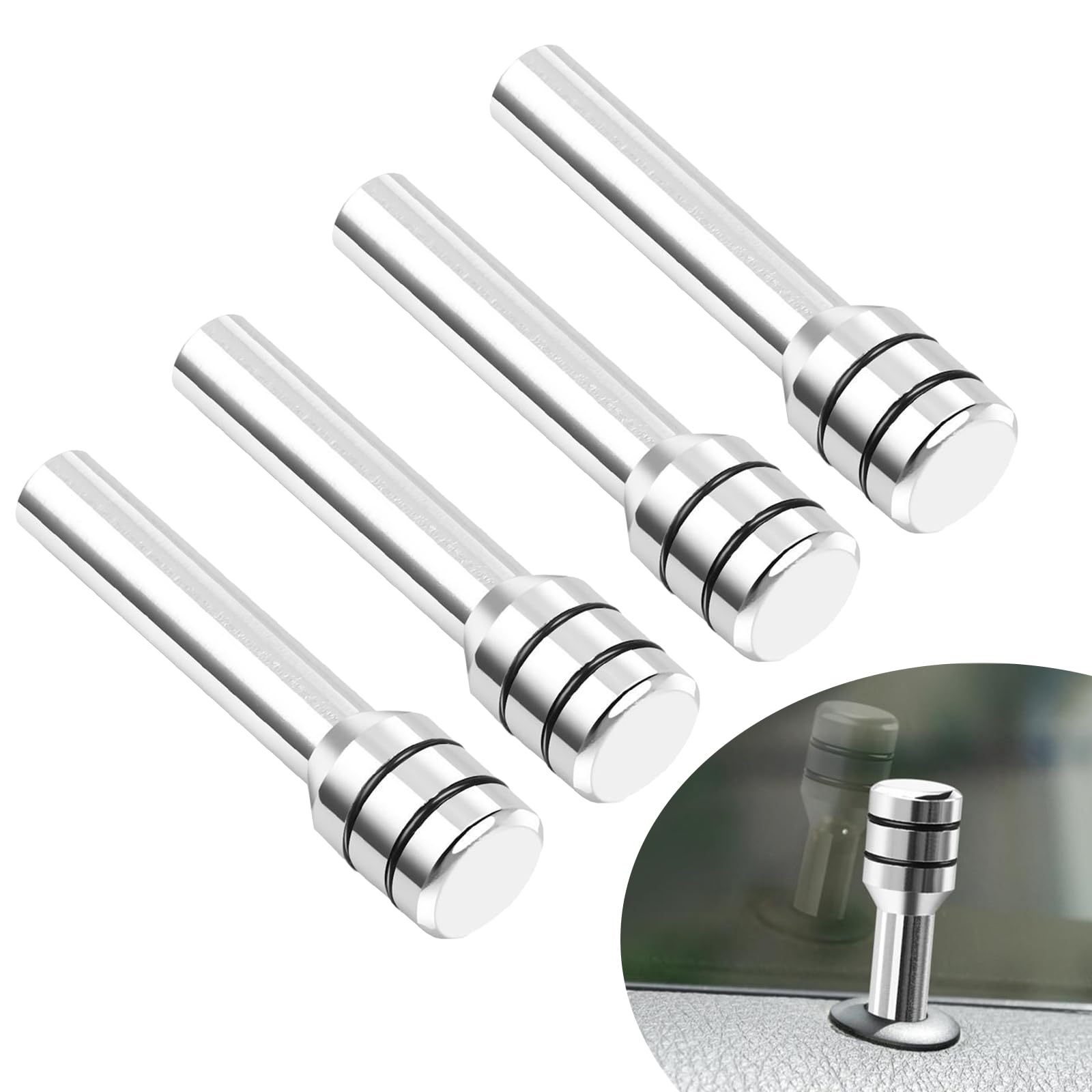 Pack-4 Car Door Lock Knobs, Inner Door Lock Pull Pins, 1.92" x 0.47" Door Bolt, Aluminum Alloy Decor Kits, Automotive Replacement Parts, Universal for Most Cars, Trucks (Silver)