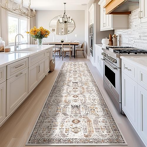 Madane Runner Rug 2x8, Washable Hallway Runner Rugs, Non-Slip Low-Pile Soft Kitchen Rug Runner Laundry Room Rug, Vintage Throw Entry Foyer Mat for Entrance Living Room (Brown/Gold, 2 x 8)