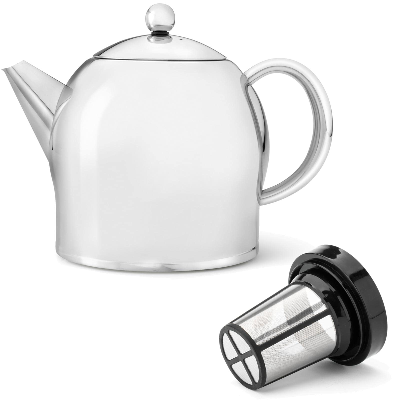 Bredemeijer Teekanne Set 1.4 Liter - Edelstahl glänzend doppelwandig - Großer Teebereiter mit Tee-Filter-Sieb-Aufsatz für losen Tee