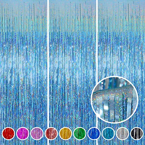 Light Blue Foil Fringe Curtain Backdrop 3 Pack, 3.2 x 8.2 FT Party Decor