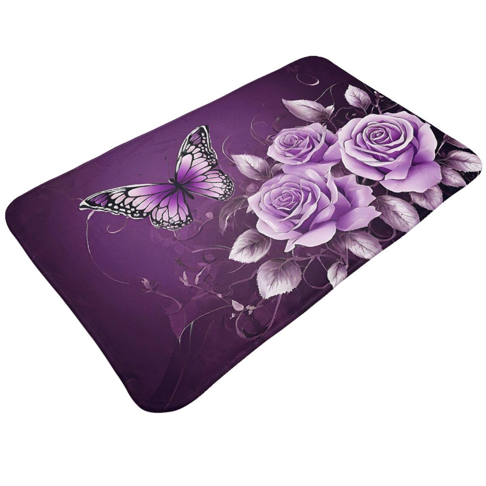Purple Beauty Butterfly Print Living Room Bathroom Kitchen Anti Slip and Absorbent Carpet, Indoor Entrance Door Muddy Floor Mat, Ultra Soft Washable Carpet 21x31.5 Inches