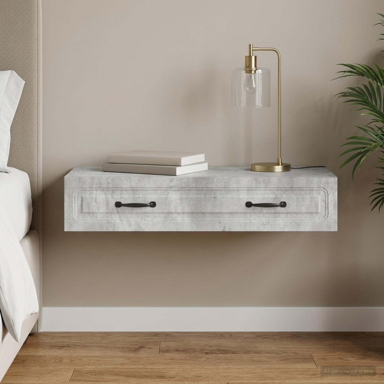 Mesa auxiliar montada en la pared, color gris hormigón, 87,5 x 34,5 x 17 cm, material de madera con cajón, espacio de almacenamiento, armario, organizador para oficina, pasillo, taller, hogar