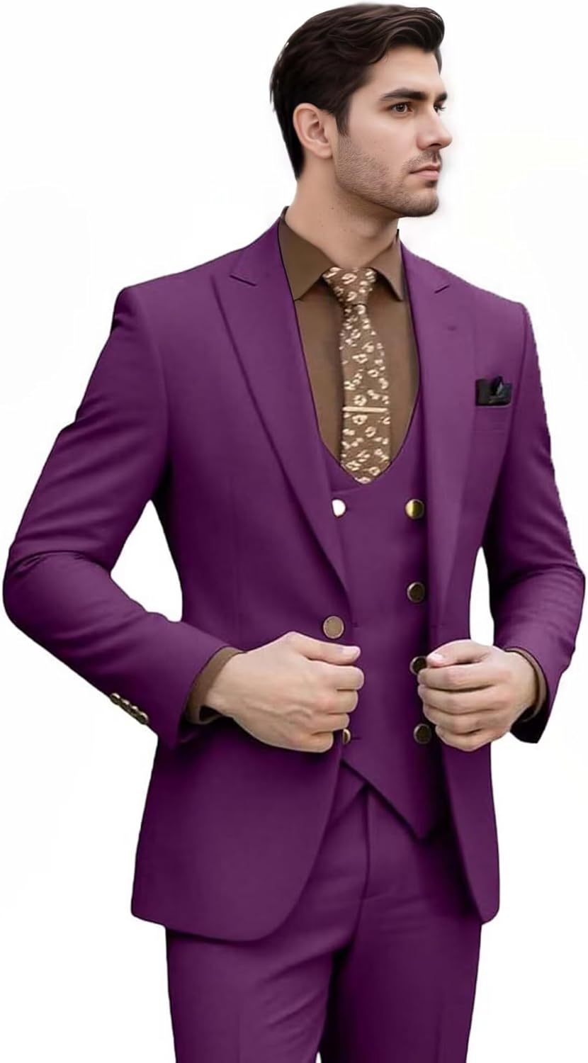 Suits for Men Slim Fit 3 Piece Suit Men Double Breasted Suit Mens Metal Buttons Peak Lapel Blazer Jacket Vest Pants