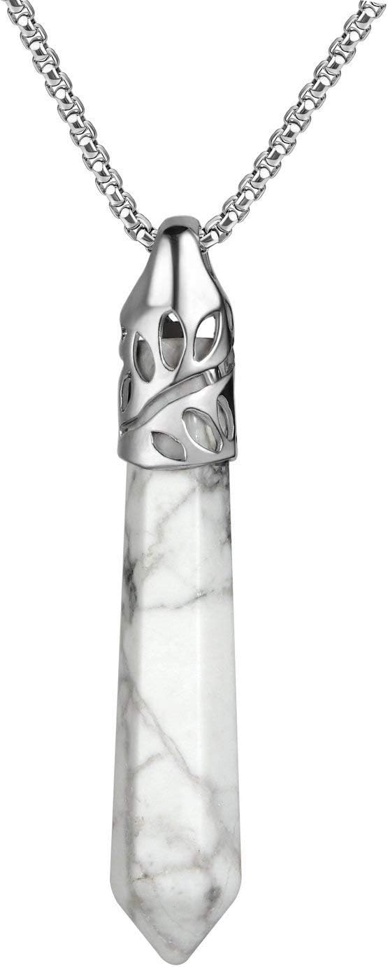 Healing Crystal Necklace for Women Men White Howlite Pendant Energy Healing Gemstones Jewelry Pendulum Crystal Divination (Hexagonal, 18 Inches Stainless Steel Chain)