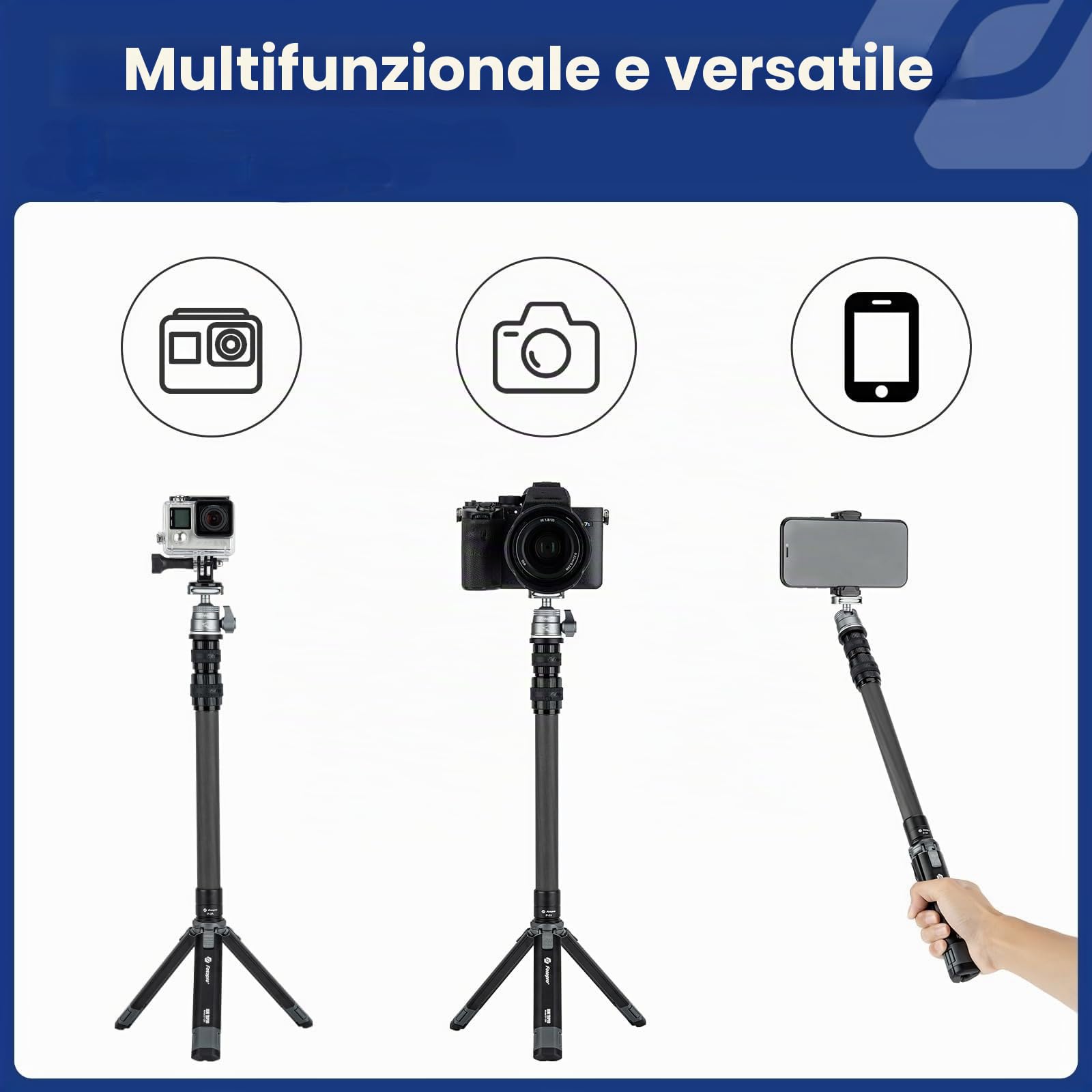 Fotopro Mini treppiede per fotocamera con testa a sfera Cloum centrale in fibra di carbonio a 2 sezioni Treppiede da tavolo estensibile per Nikon Sony iPhone Altezza massima 90 CM, carico fino a 3 kg