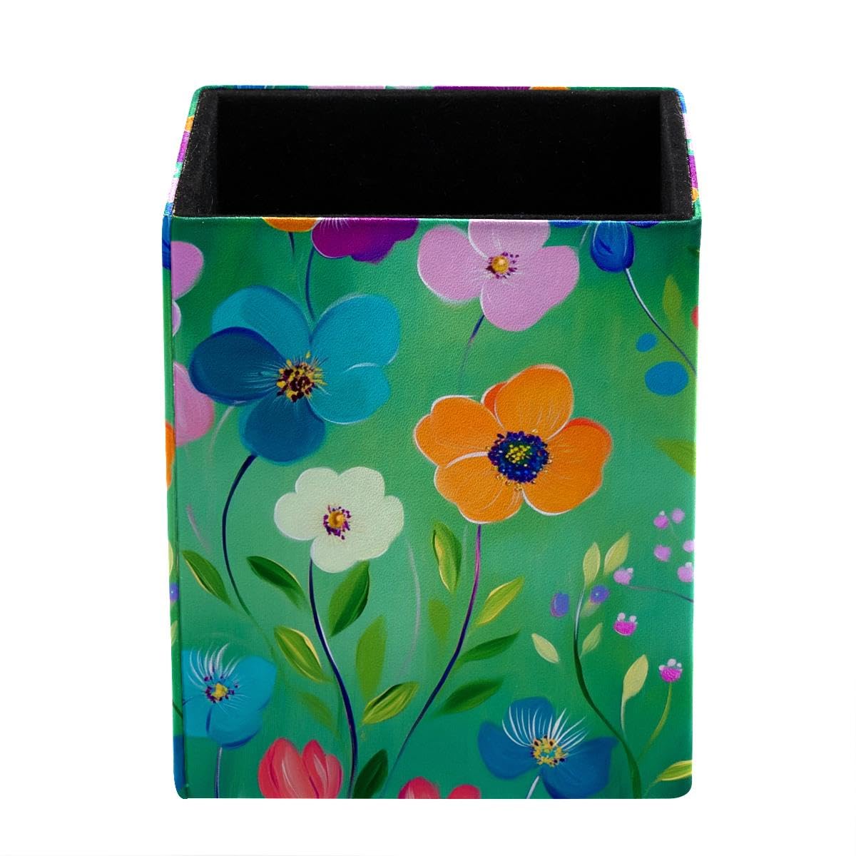 HEOEH Floral Pen Holder Pen Pot, Square Pencil Cup for Desk