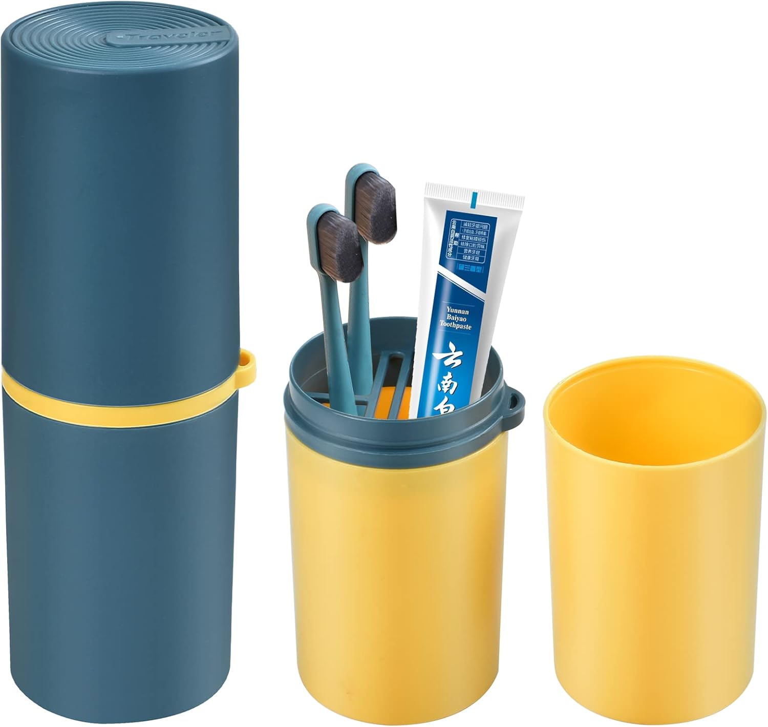 2 PCS Travel Toothbrush Holder, Portable Toothbrush Box, Brushing Teeth Cup, Toothpaste Storage with Lid for Home Camping Travel Business Trip Blue, Yellow 8 61kdqdpC5 L. AC SL1500