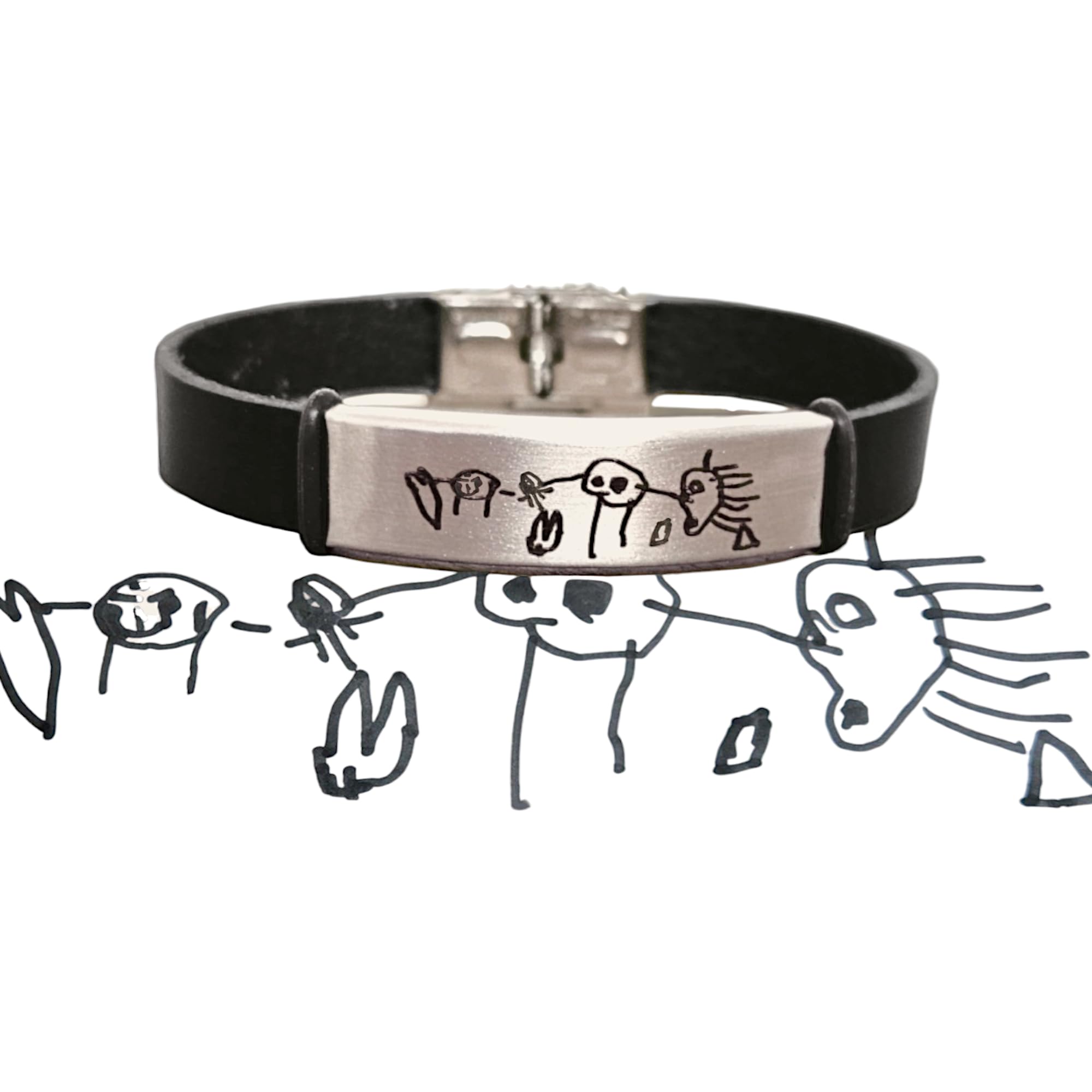 Pulsera personalizada con el DIBUJO de tus niños, totalmente ajustable, de cuero y acero inoxidable. Regalos día del padre, regalos día de la madre. (Cuero Negro)