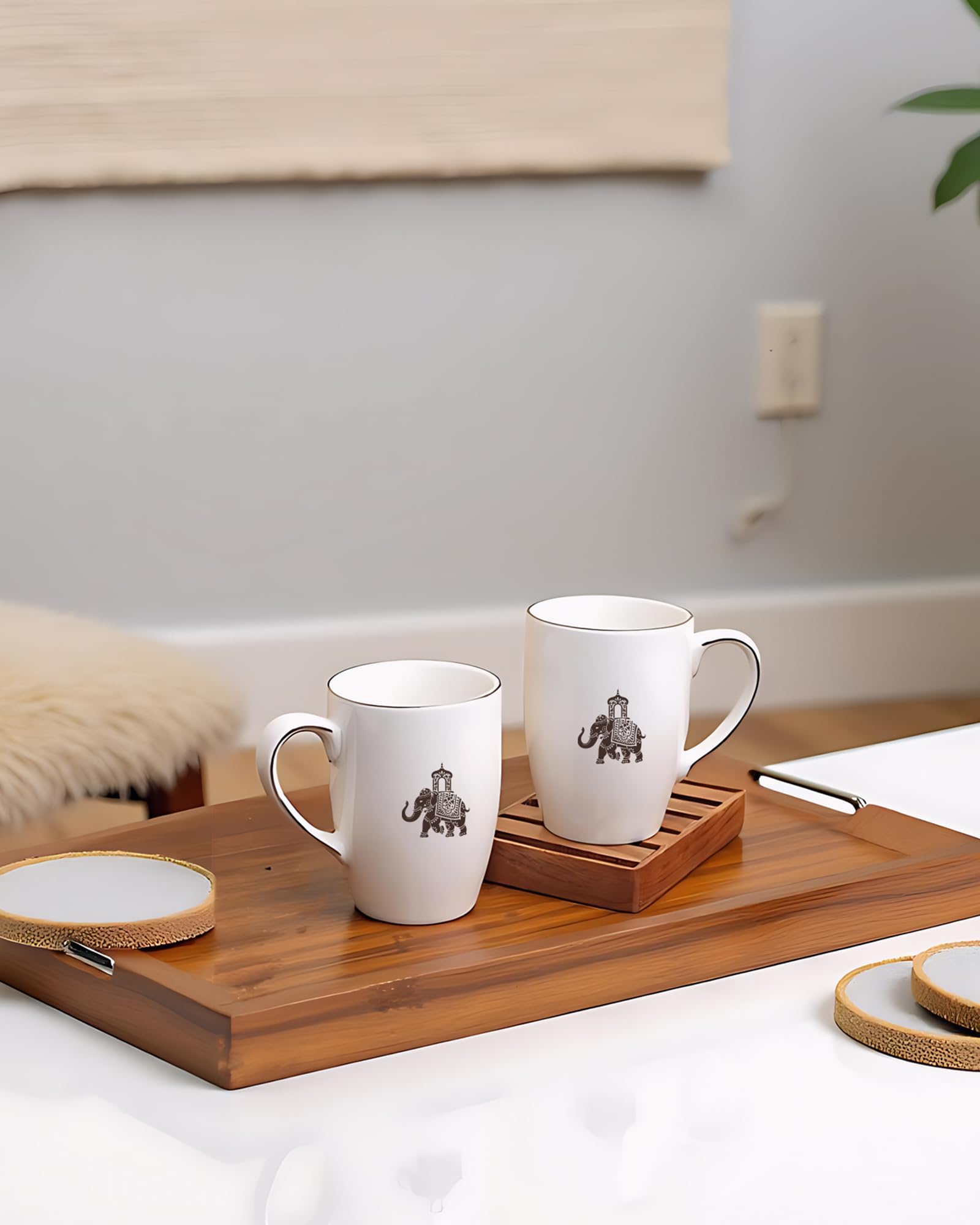 VOLA Gaj Series (230ml) Set of 2 | Porcelain Coffee Mugs with Platinum Rim and Elephant Motif | Home & Office Use | Kitchen & Dining Luxury Tableware | Ideal for Gifting |