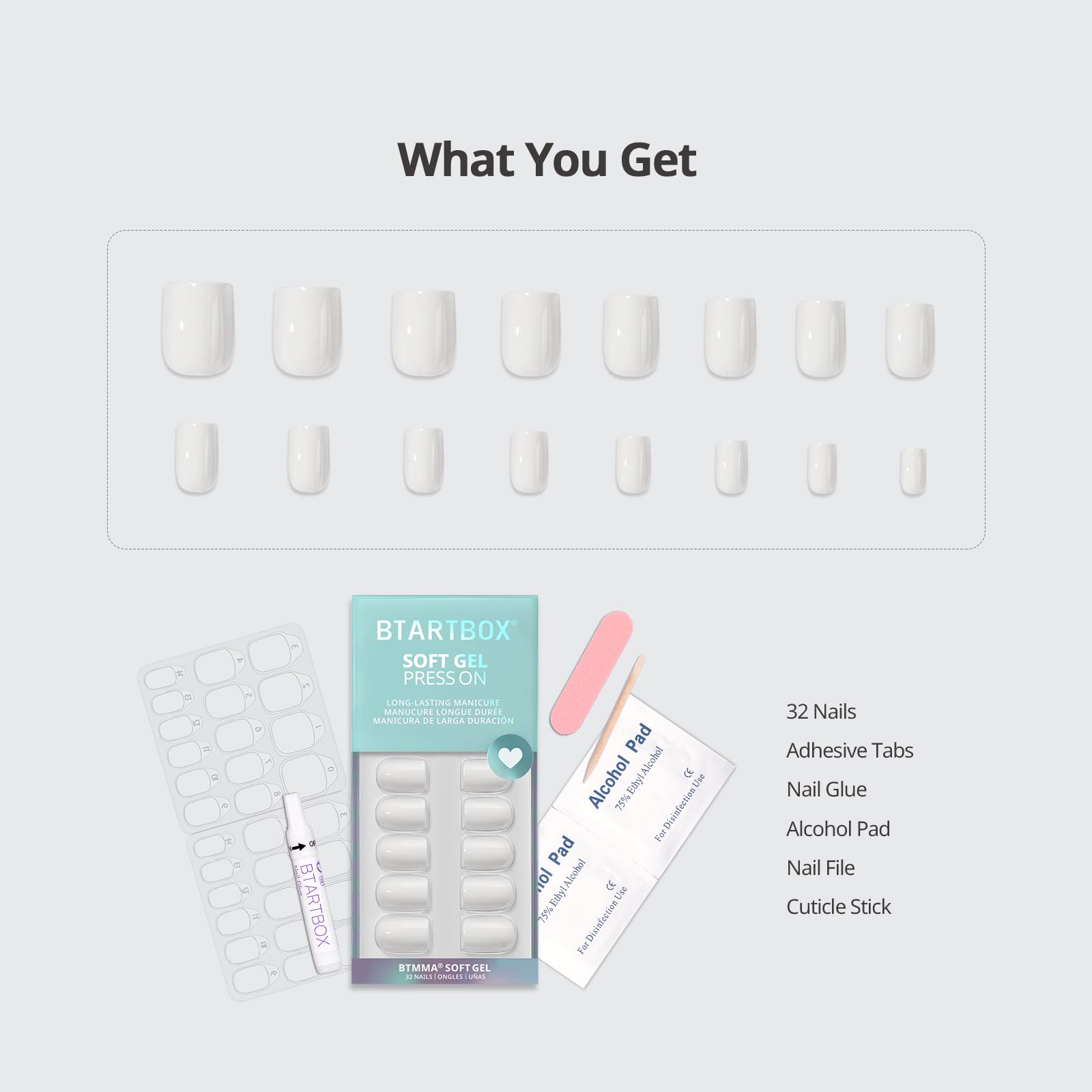 BTArtbox Press On Nails French Tips - 32 Pcs Short Square False Nails With Nail Glue and Adhesive Nail Tabs, No Fade Out Stick On Nails in 16 Sizes, Soft Gel Fake Nail for Women, Classic White — view 20