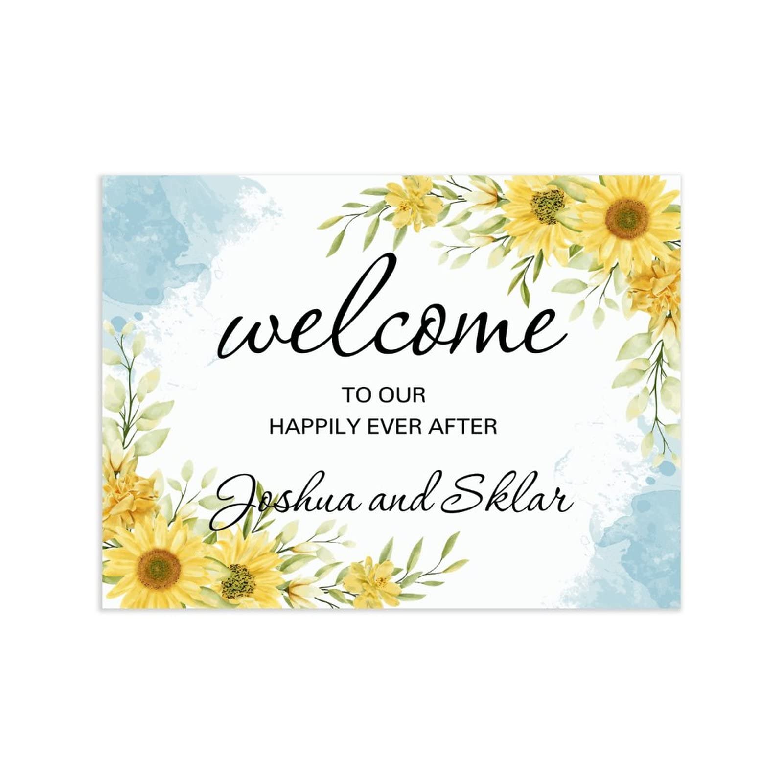 Niestandardowy ślubny znak powitalny Welcome to Our Happily Ever After drewniany znak ślubny spersonalizowany słoneczniki kwiatowa dekoracja drewniany znak przyjęcie weselne plakat na ceremonię