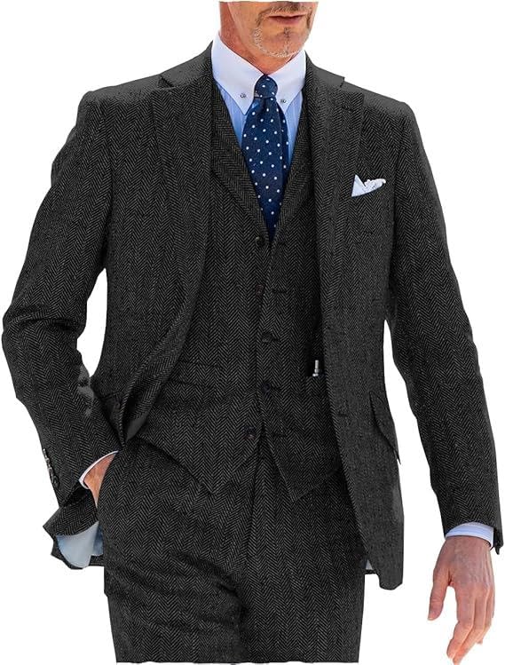 Men's Suits Slim Fit 3 Pieces Prom Tuxedos Tweed Herringbone Jacket+Waistcoat+Trousers Wedding