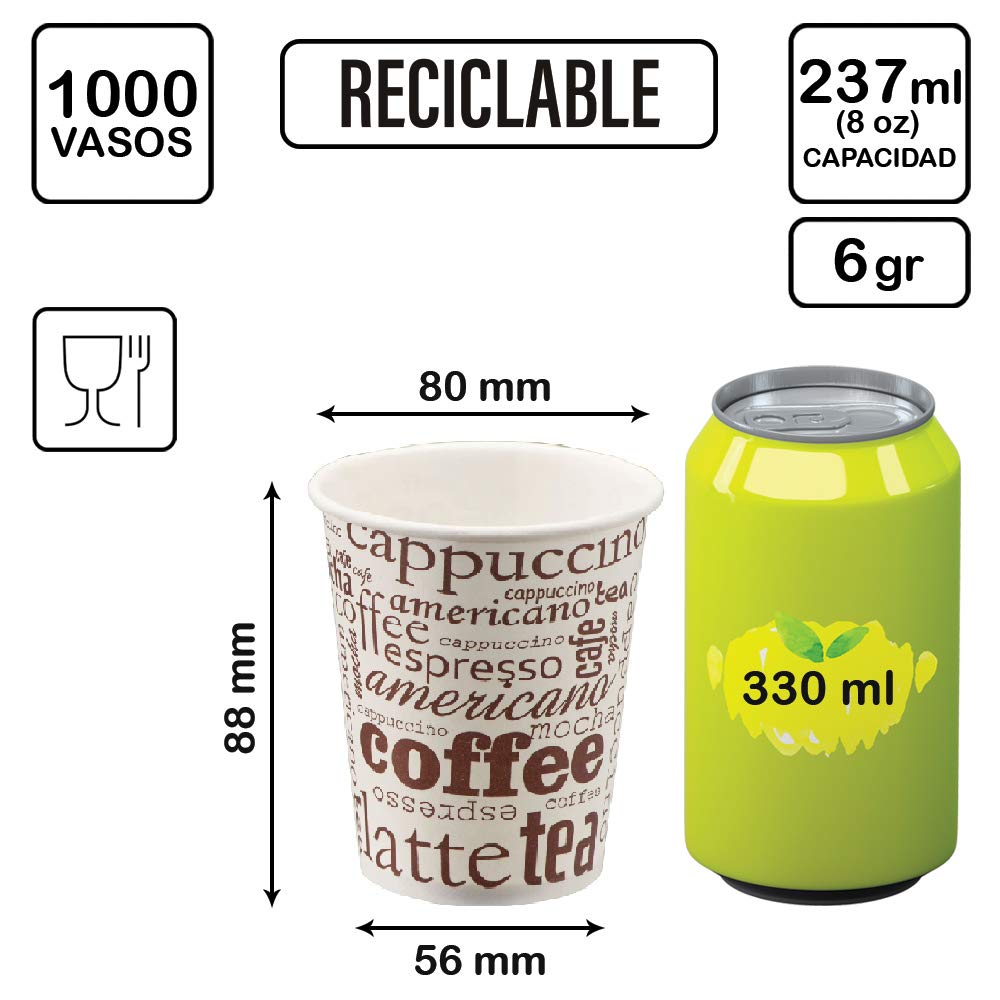 1000 Vasos Desechables 237 ML Cafe Vasos Carton Desechables para Cafe, Vasos ecologicos Reutilizables Bebidas Calientes, te, Leche, Resistentes al Calor, Capacidad
