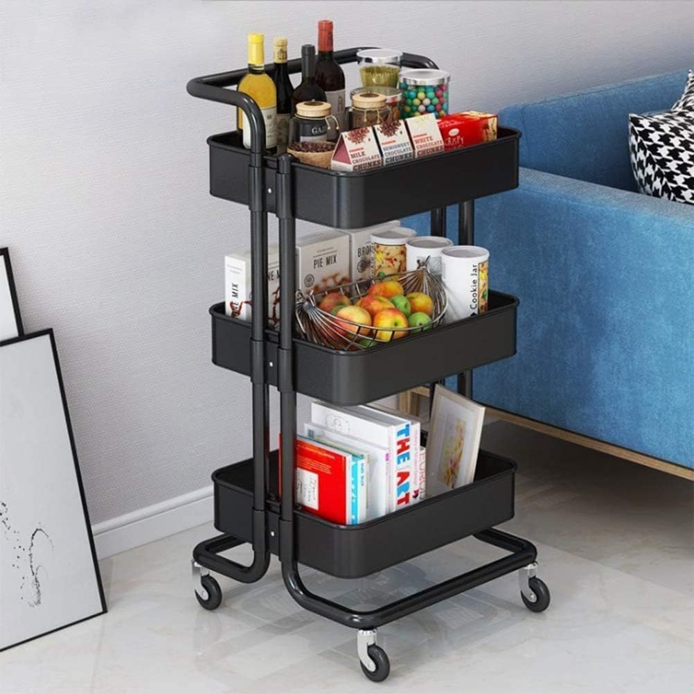 3-Tier Rolling Utility Storage Cart, Multi-Purpose Organizer Shelf, Tower Rack Serving Trolley Organizer with Handle, Storage Cart with 2 Lockable Wheels for Office Bathroom Kitchen Kids’ Room