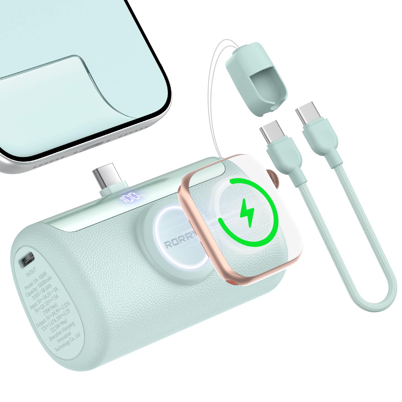 RORRY PalmGo Powerbank,10000mAh Mini Power Bank PD 22.5W Integrierter USB C
