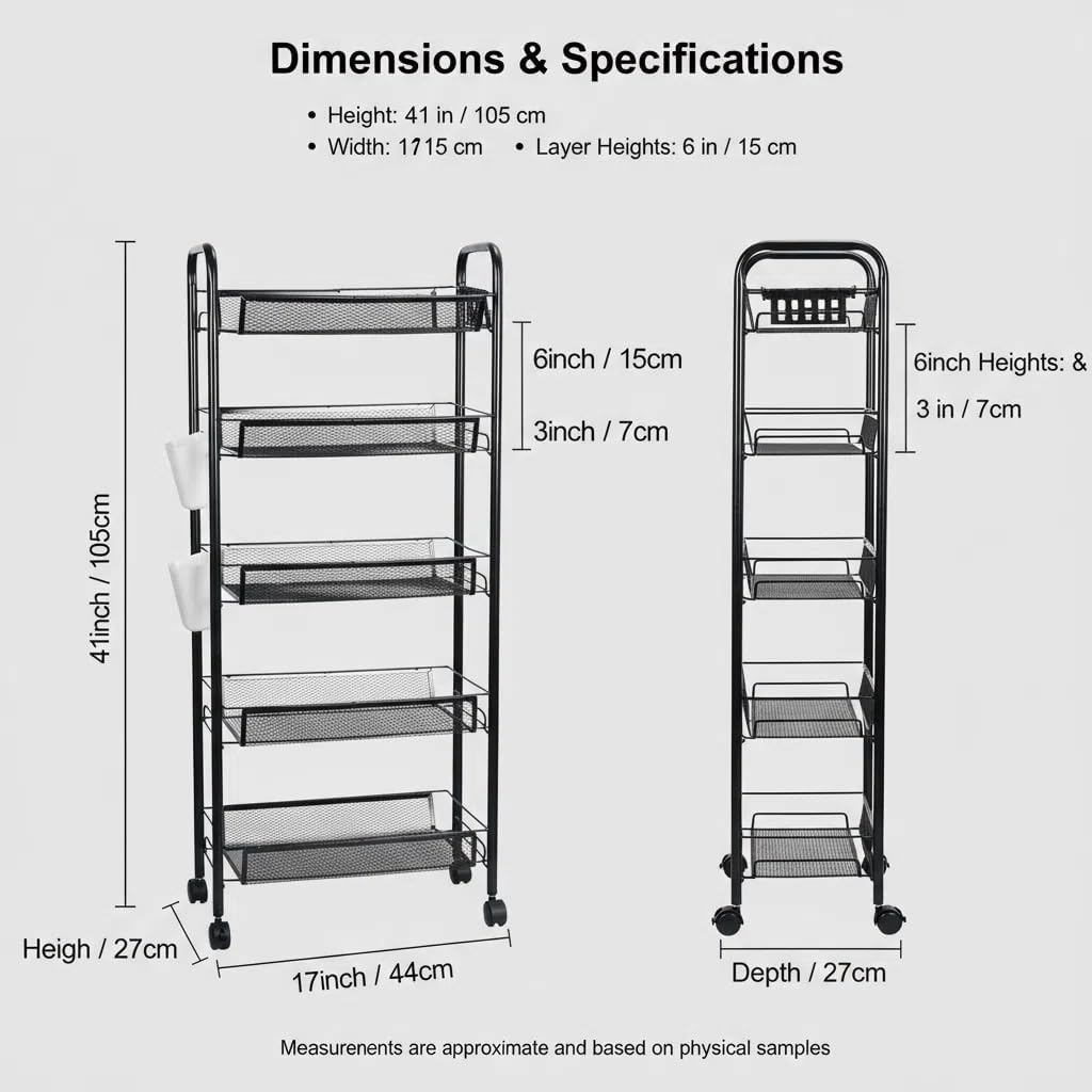 Fruit Rack-5 Tier Bathroom Storage Cart,Snack Cart With Wheels, Fruit And Vegetable Storage with Wheels, Vegetable Holder for Kitchen, Rolling Organizer for Pantry, Living Room (Black, 5-Layers)
