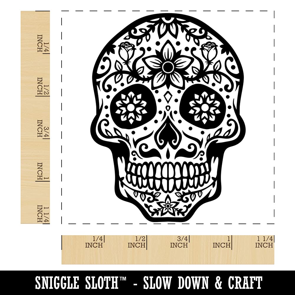 Dia De Los Muertos Mexican Sugar Skull with Flowers Day of The Dead Square Rubber Stamp for Stamping Crafting - 1.25in Small