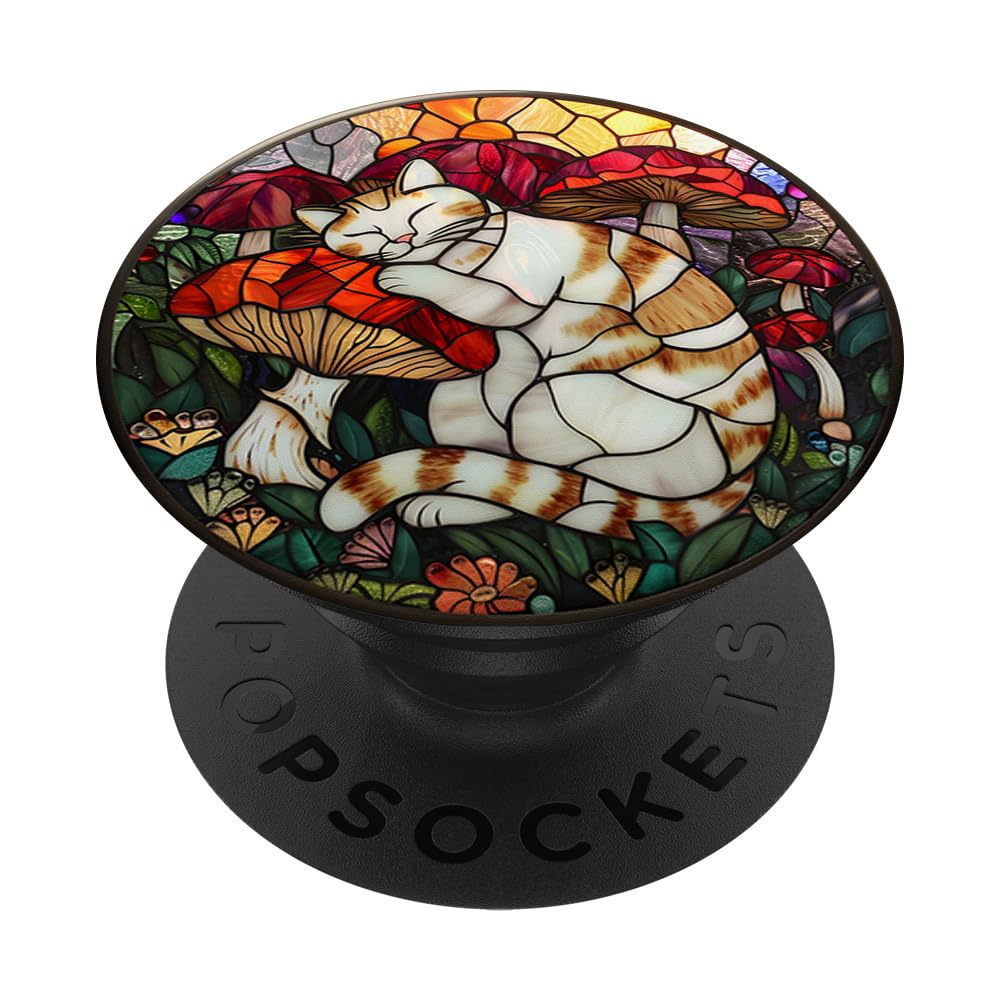 Vintage Stained Glass Style Cottagecore Mushroom Cat PopSockets Standard PopGrip