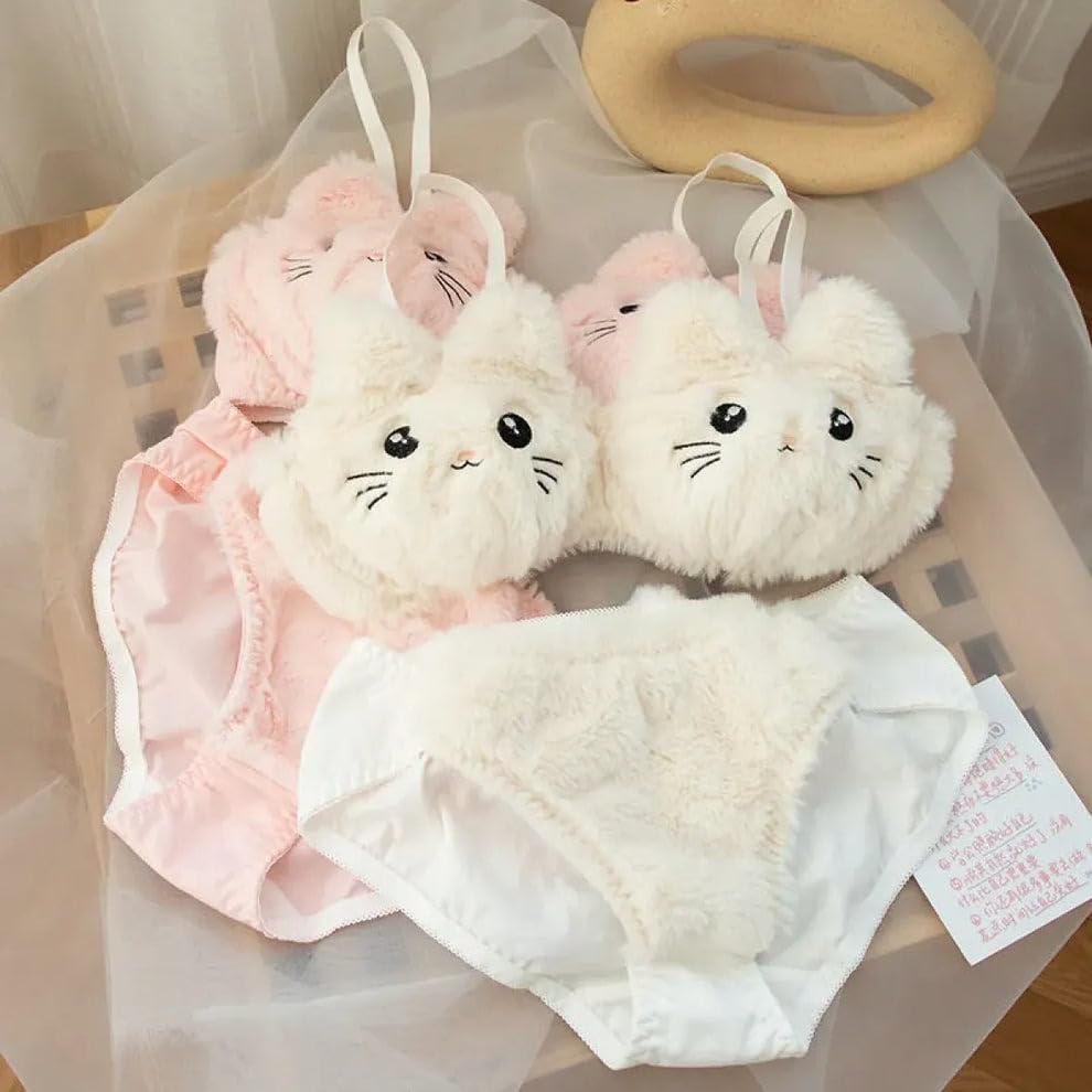 Image of Cute Kawaii Lingerie Set - Plush Kitty Design Adorable Bra and Panty Set in Soft Pink and Cream - Cosplay Lingerie Honeymoon Date Night Couple Gift Sexy Lingerie for Women