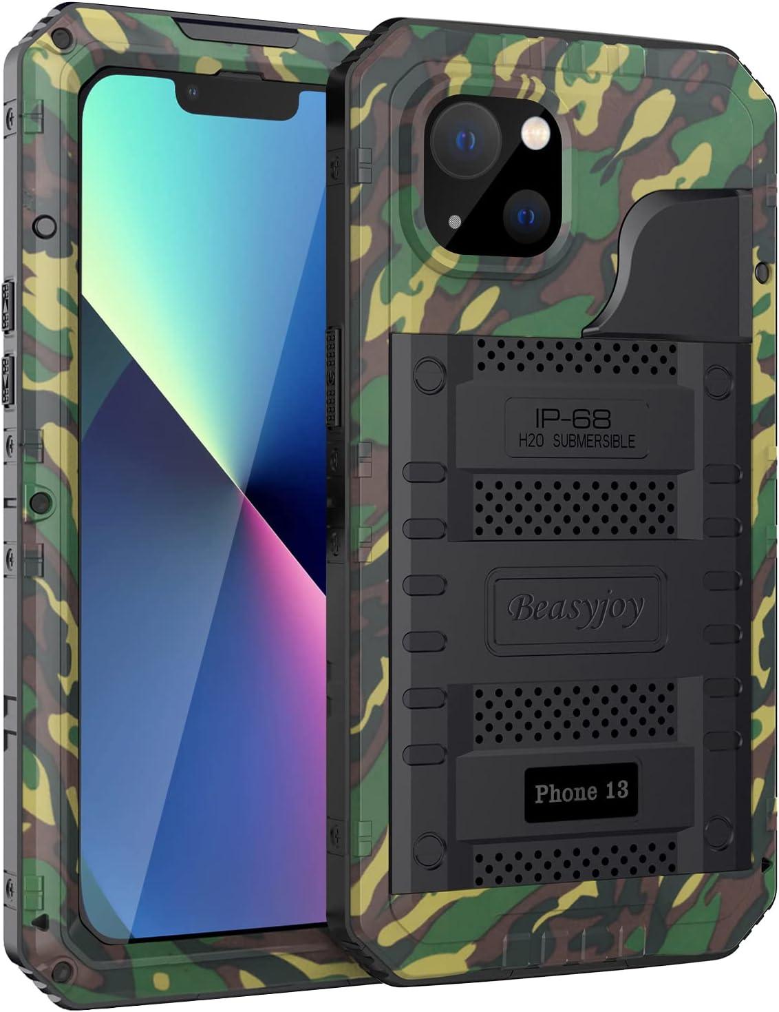 Beasyjoy for iPhone 13 Case Waterproof, Metal Phone Case with Built-in Screen Protector, Heavy Duty Full Body Protective Military Grade Shockproof Rugged Defender Cover 6.1 Inch, Camo