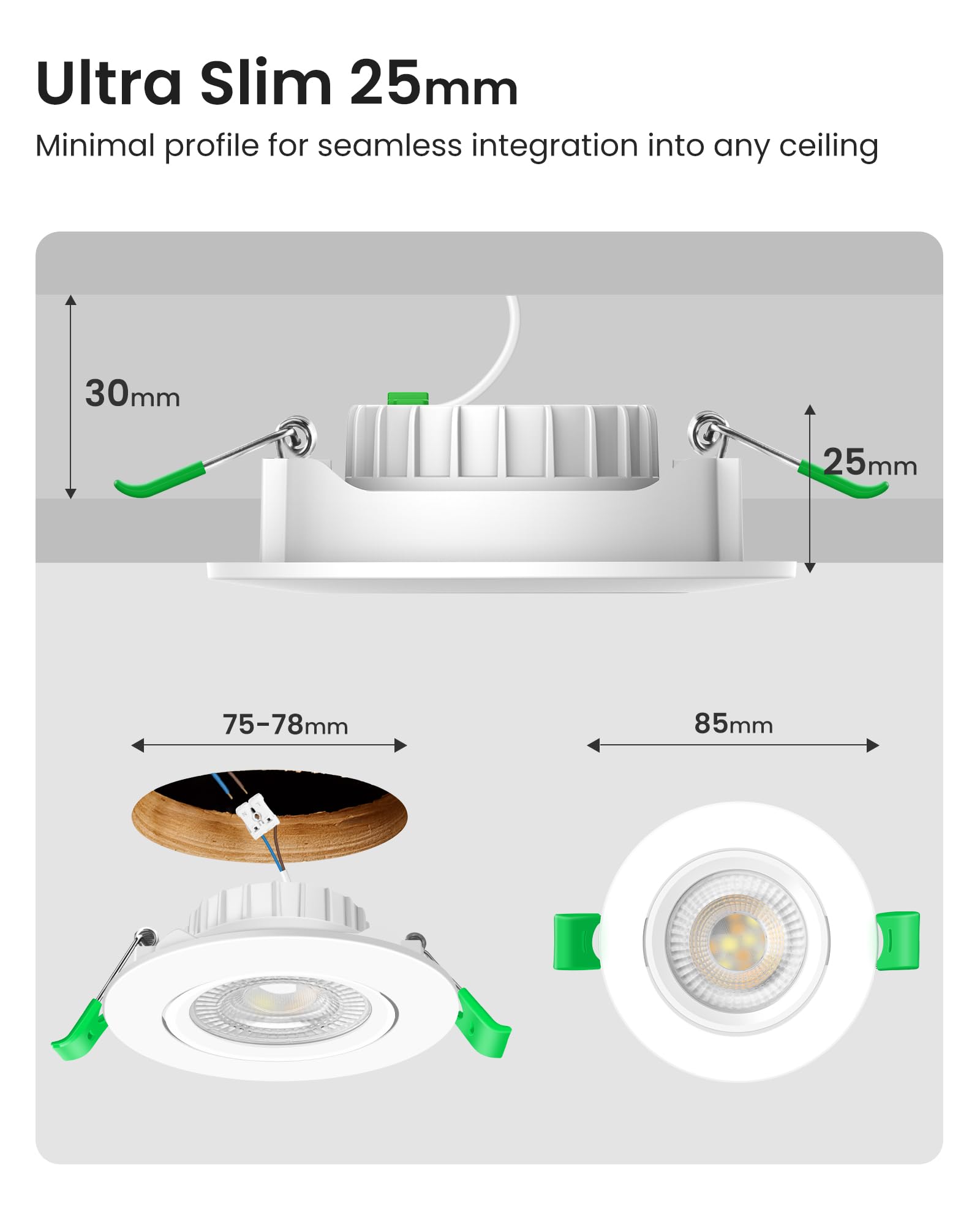 ALUSSO Downlight LED Techo Empotrable Extraplano Redondo 6W 75-78 mm, Focos LED Inclinables Blanco Cálido, 3000K 4000K 6500K Focos LED Regulables Para Cocina Baño Sala de Estar Paquete de 6 Blancos
