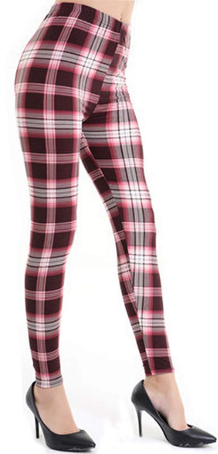 Fioeyr Women's Pink Tartan Red Tartan Check Print Elacticated Full Length Long Stretchy Leggings