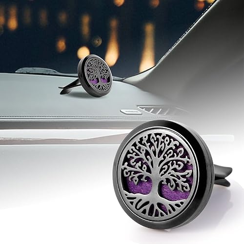 Miniatura 5 de RoyAroma Difusor de aceite esencial de aromaterapia para automóvil, de acero inoxidable, con clip de ventilación, 12 almohadillas de fieltro, árbol