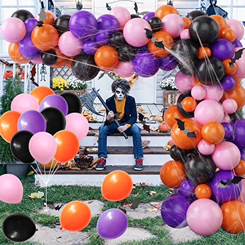 Halloween Balloon Garland Arch Kit, 98Pcs Black Purple Balloon Orange Pastel Pink Balloons With Bat Spider Web For Ghost Halloween Party Decorations Supplies Kids House Garden Outdoor Indoor #TOP3